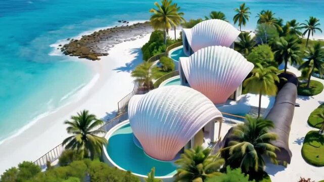 Aerial view of white shell-shaped villas with soft pink gradient on a tropical beach. Surrounded by turquoise water, palm trees, and bright sun. Peaceful and luxurious atmosphere.