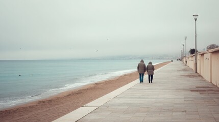 winter beach scene in Madrid, surreal composition with quiet sea, empty promenade, people in coats walking along the shore, muted tones