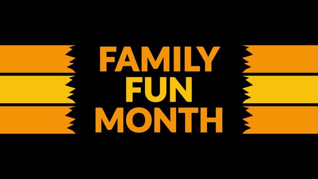 Family Fun Month In and Out text from split line animation on a black background.