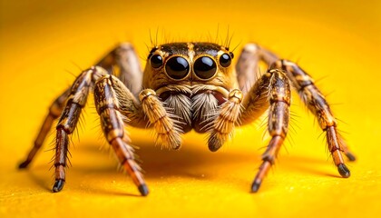 Close-up of a jumping spider, detailed view of its body, legs, and eyes against a vibrant yellow background