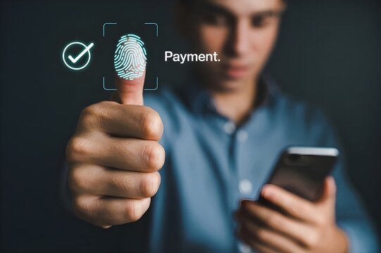 Person using fingerprint scanner for payment on smartphone technology identification - Powered by Adobe