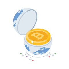 A sleek isometric icon showing global bitcoin market