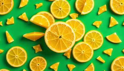 Obraz premium Vibrant yellow citrus slices on a geometric green background Seamless pattern, graphic, seamless