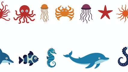 Colorful flat vector cartoon animal silhouettes collection – cute wild, domestic, aquatic, jungle, fantasy, and forest animals in minimalist kid-friendly style on white background