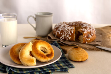 Traditional breakfast with sweet pastry and warm drink