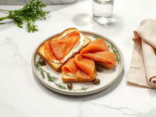 Delicious smoked salmon on bread with creamy cheese on a stylish plate, copy space
