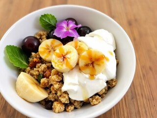Healthy breakfast bowl with granola, yogurt, fruits, and flower garnish, copy space
