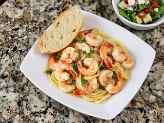 Tasty shrimp pasta with garlic sauce and bread, healthy meal, copy space
