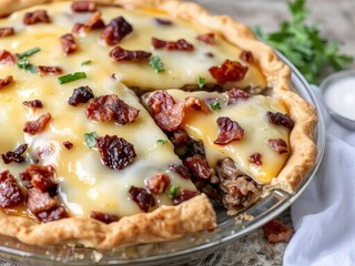 Savory meat pie with cheese and bacon, freshly baked, delicious meal, copy space
