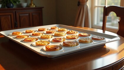 Freshly baked mini pastries on a tray, golden brown, ready to serve, copy space