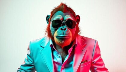 Stylish cartoon monkey in sunglasses and suit with a colorful gradient background, copy space
