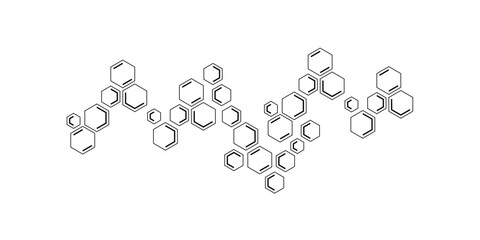 Minimalist black and white hexagon outline pattern with varying sizes, arranged in a loose, flowing layout. Ideal for futuristic, scientific, or abstract tech-themed designs with a clean aesthetic.