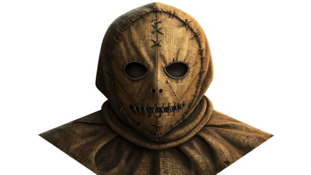 Stitched burlap scarecrow mask with dark eyeholes creepy
