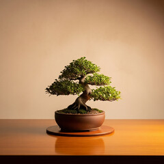 A small bonsai tree in a rustic vase on a polished wooden table, with a painted beige wall in the minimal background. The scene is lit by warm, incandescent light, highlighting the natural textures.