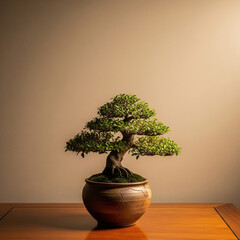 A small bonsai tree in a rustic vase on a polished wooden table, with a painted beige wall in the minimal background. The scene is lit by warm, incandescent light, highlighting the natural textures.
