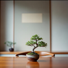 A small bonsai tree in a rustic vase on a polished wooden table, with a minimal light wall in the minimal home background