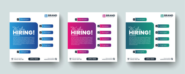 We are hiring job vacancy social media post and square web banner design template. Template design for professional hiring social media web banner layout template design.