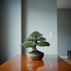 A small bonsai tree in a rustic vase on a polished wooden table, with a minimal light wall in the minimal home background