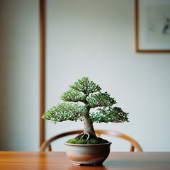 A small bonsai tree in a rustic vase on a polished wooden table, with a minimal light wall in the minimal home background