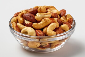 Fototapeta premium Delicious bowl of assorted nuts including peanuts, cashews, and almonds on a simple white background perfect for snacking at any occasion