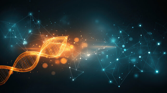 Digital DNA Helix Rising from Glowing Node Network in Teal‑Orange Tech Space