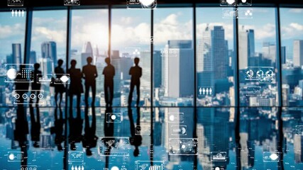 Intelligent office collaboration in future skyline, professionals exchanging ideas with interactive visual data panels, Tokyo background - Powered by Adobe