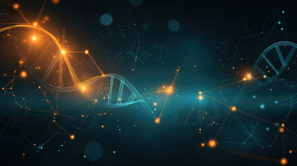Digital DNA Helix Rising from Glowing Node Network in Teal‑Orange Tech Space