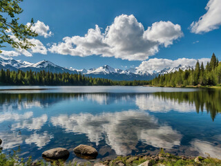 Serene Mountain Lake Reflecting White Clouds and Green Forest mountains snow capped peaks