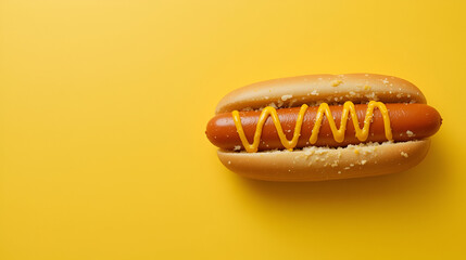 Single Hot Dog with Mustard on a Yellow Background with Space for Copy