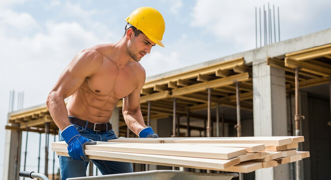 A strong shirtless worker carrying wood on a job site.