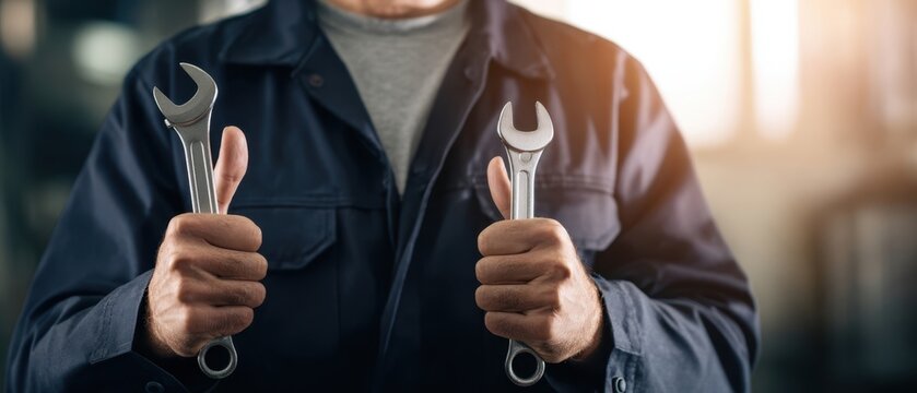 The skilled worker proudly holding wrenches in a workshop environment.