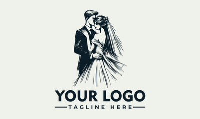 Elegant illustration of a newlywed couple embracing, with a wedding dress and suit.