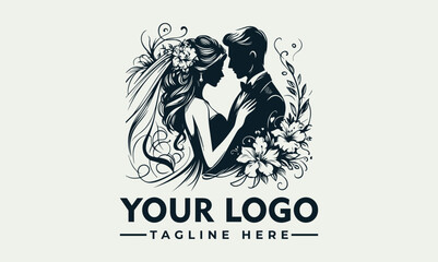 An elegant logo depicting a bride and groom silhouette surrounded by floral elements, suitable for wedding-related businesses.