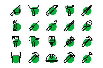 Collection of outline graphics representing various building and repair implements used in the construction industry