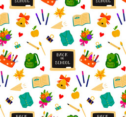Seamless vector pattern of school items: books, chalkboards, pencils, backpacks, apples, and bells. Colorful hand-drawn style on white. Perfect for stationery, fabric, packaging, kids products.