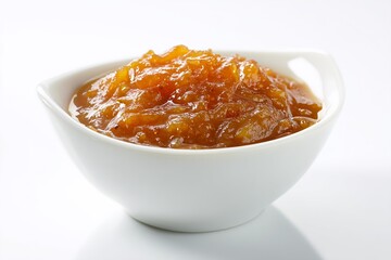 Relish made from chutney showcasing a smooth texture in a white bowl against a plain background for culinary presentation