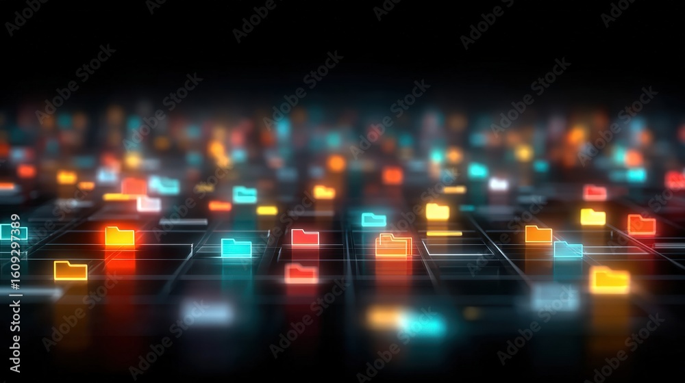 Poster abstract network grid with files and folders, futuristic software interface, digital document manage
