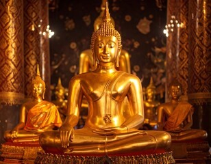 Golden Buddha statues in temple (1)