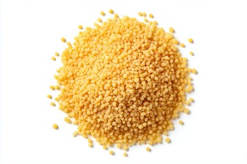 Couscous grains presented on a white background showcasing texture and color in an elegant arrangement