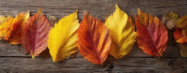 The Vibrant Autumn Leaves Arranged on Rustic Wooden Background