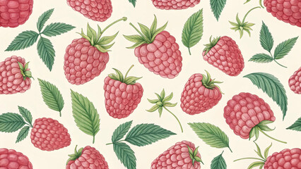 Seamless raspberry pattern with pink-red berries and green leaves on light beige background in watercolor technique