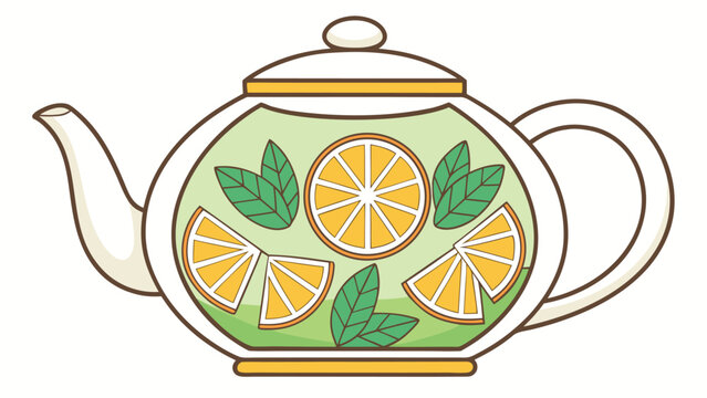 Stylized illustration of a teapot filled with orange slices and mint leaves vector - Powered by Adobe