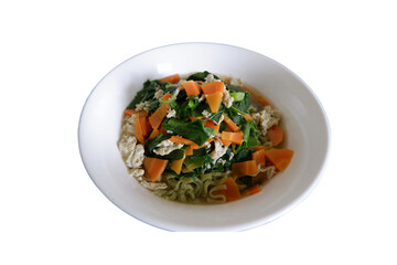 Bowl of Noodles Topped with Fresh Vegetables on White Background