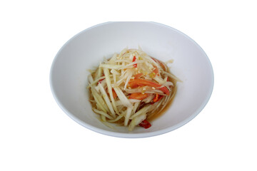 Authentic Thai Green Papaya Salad in White Bowl on Transparent Background