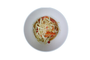 Traditional Green Papaya Salad in White Bowl on a White Background