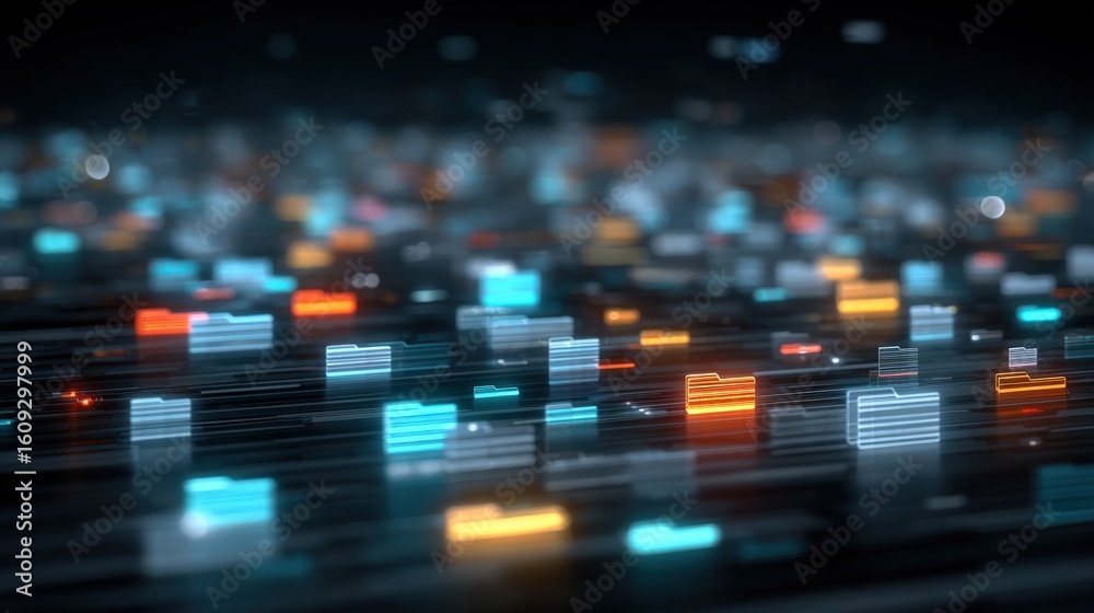 Poster abstract network grid with files and folders, futuristic software interface, digital document manage