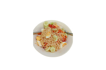 Tasty Vegetarian Noodle Salad with Fresh Vegetables on White Plate