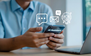 Person holding smartphone interacting with artificial intelligence assistant icons hands technology