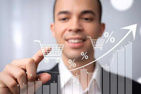 Person interacting with digital shopping growth chart hand finger