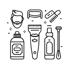 Men's Grooming Icons. Line style icons of men’s grooming: shaving razor, beard trimmer, aftershave bottle, hair wax, barber